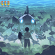 Man holding an injured mermaid stands on the bottom of the sea floor facing off with an enormous fish with glowing eyes and a mouth full of viscously sharp teeth.